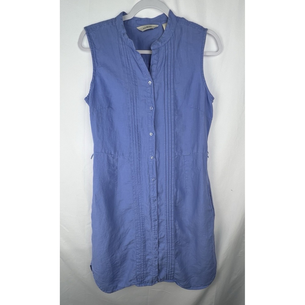 L.L.Bean Womens Blue 100% Linen Sleeveless Shirt Dress Size 10 Reg Effortless